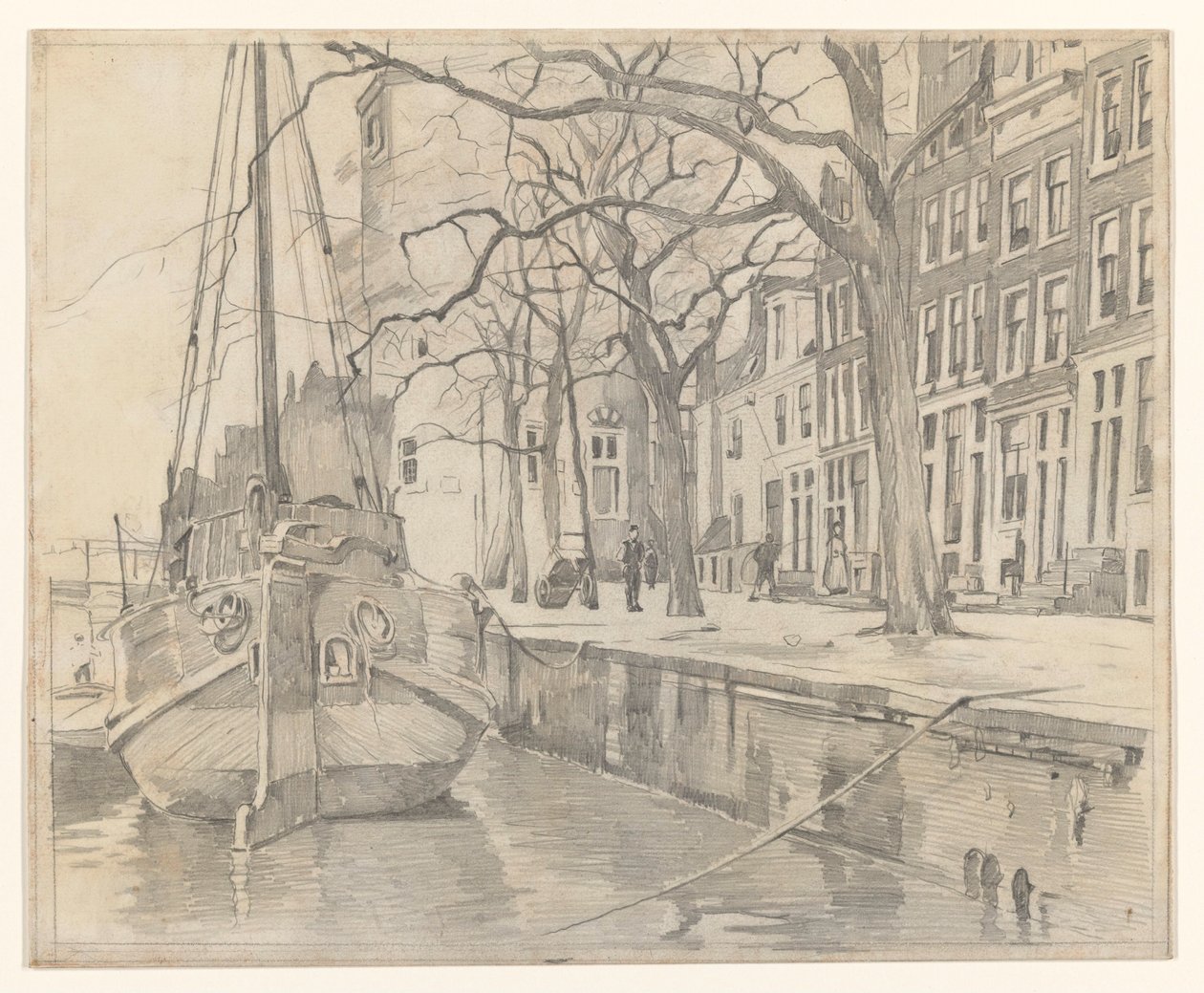 Utsikt fra Waalseilandsgracht mot Montelbaanstoren og noen hus ved Oude Waal av Willem Witsen