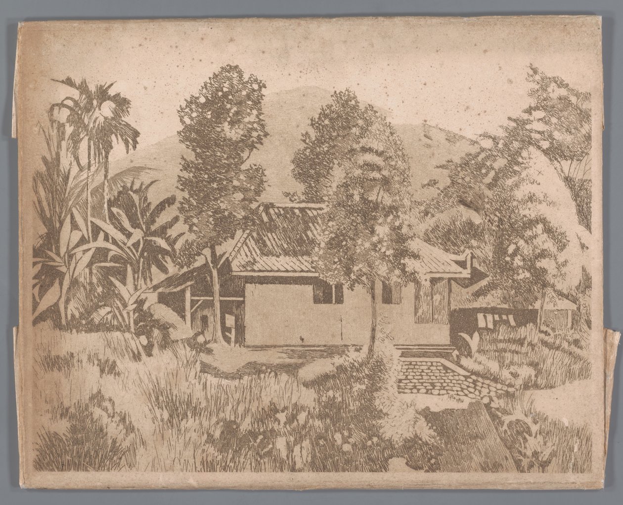 Hus med vulkanen Salak(?) i bakgrunnen, Buitenzorg av Willem Arnoldus Witsen