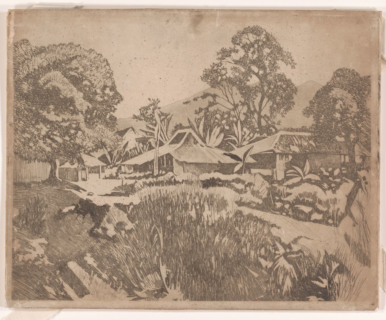 Hus i kampong med vulkanene Salak og Gedeh i bakgrunnen, Buitenzorg av Willem Arnoldus Witsen
