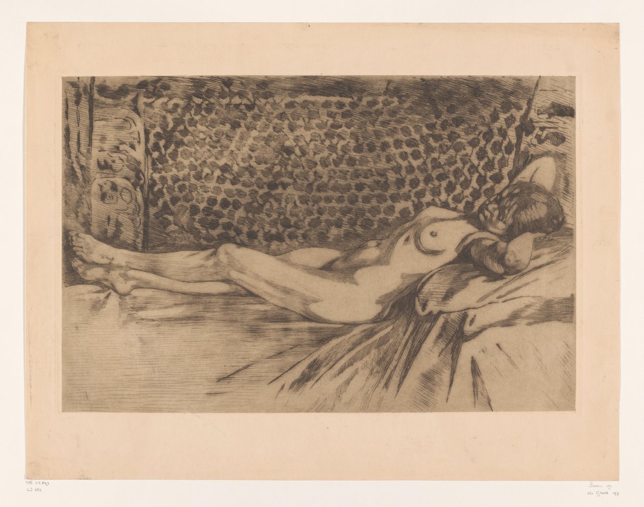 Naken ung kvinne liggende på en sofa Naken, liggende på ryggen på en sofa, hendene under hodet (original tittel) av Willem Arnoldus Witsen