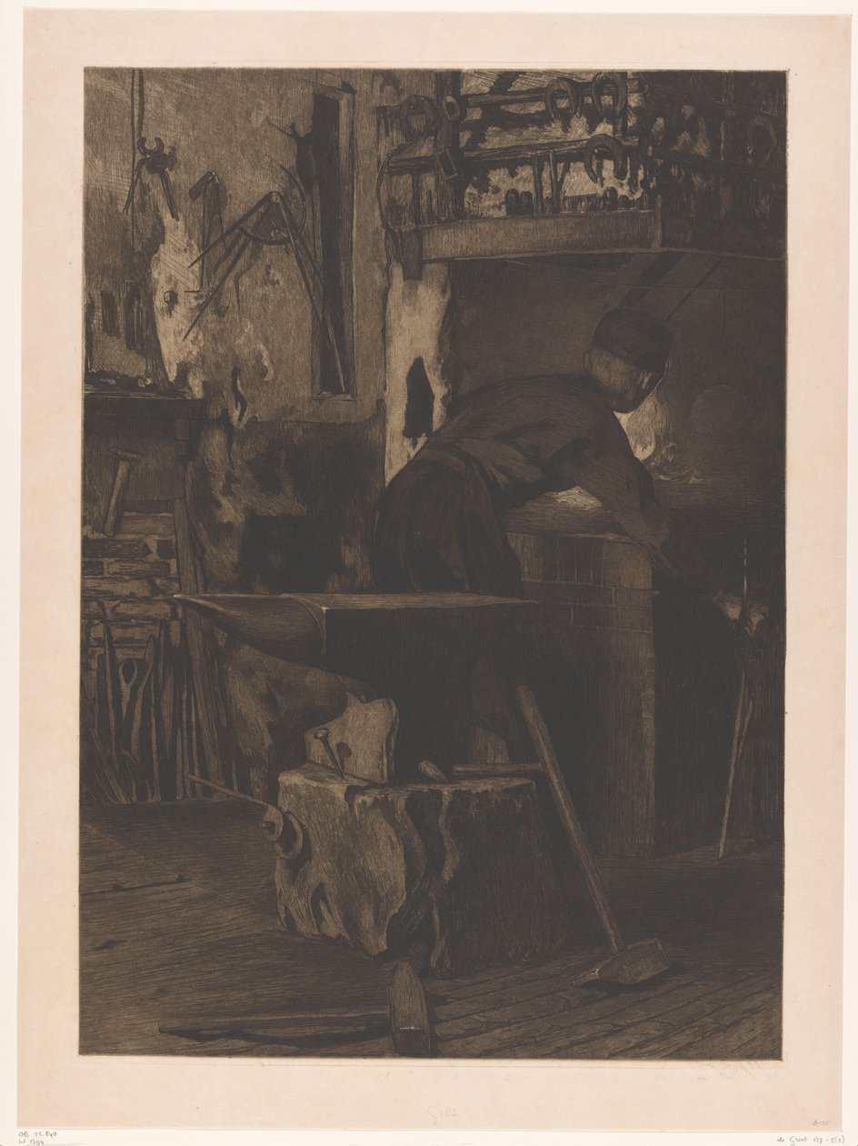 Smed ved bålet i en smie i Wijk bij Duurstede Forge with fire (Jan) (original tittel) av Willem Arnoldus Witsen