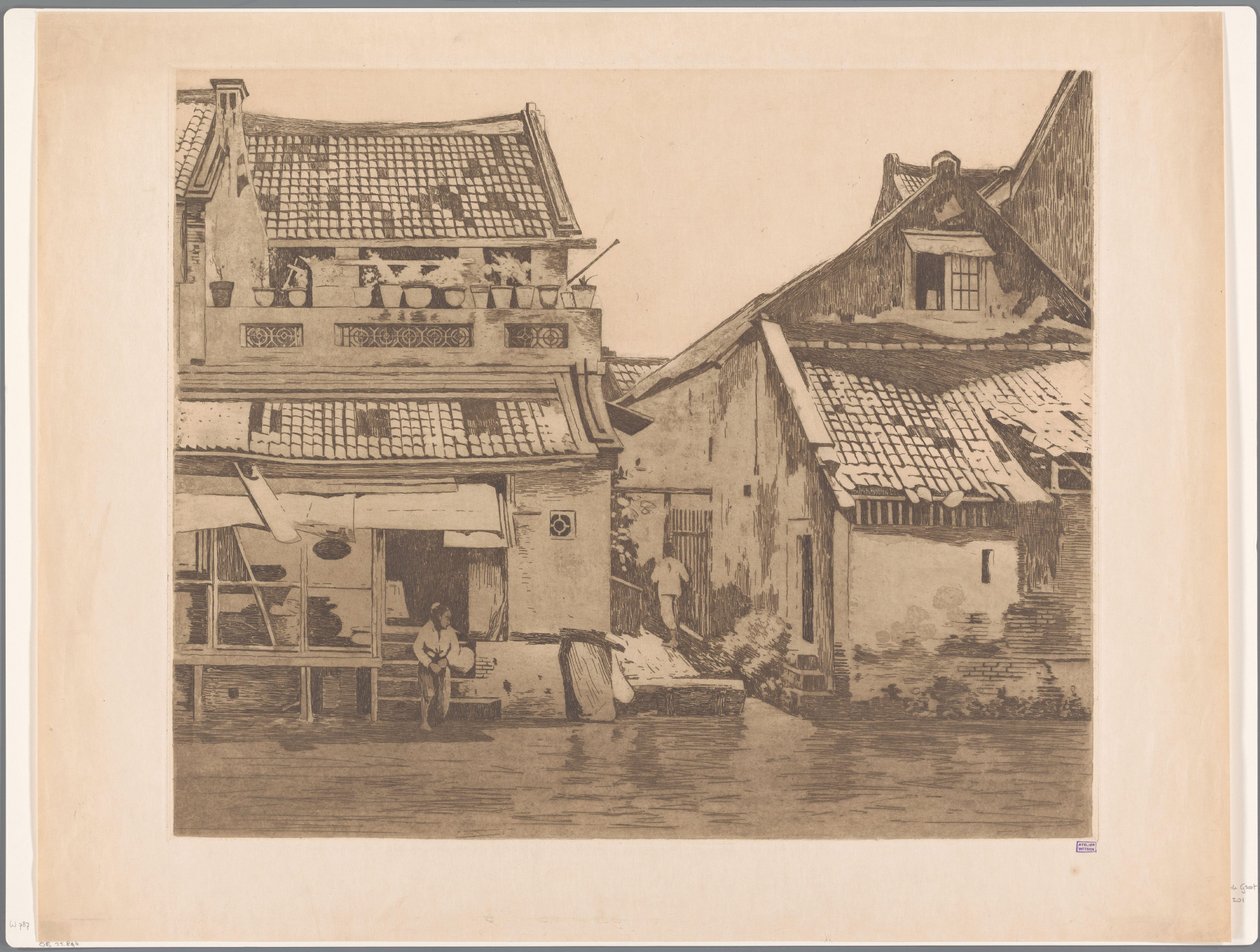 To figurer ved hus langs en elv i Batavia av Willem Witsen