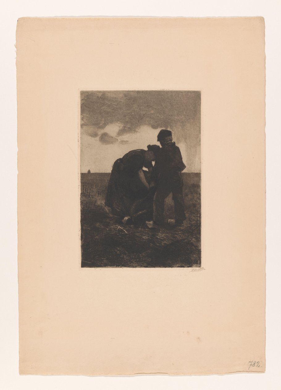 Kvinne og gutt i tresko med jutepose på banen Potethøst (original tittel) av Willem Arnoldus Witsen