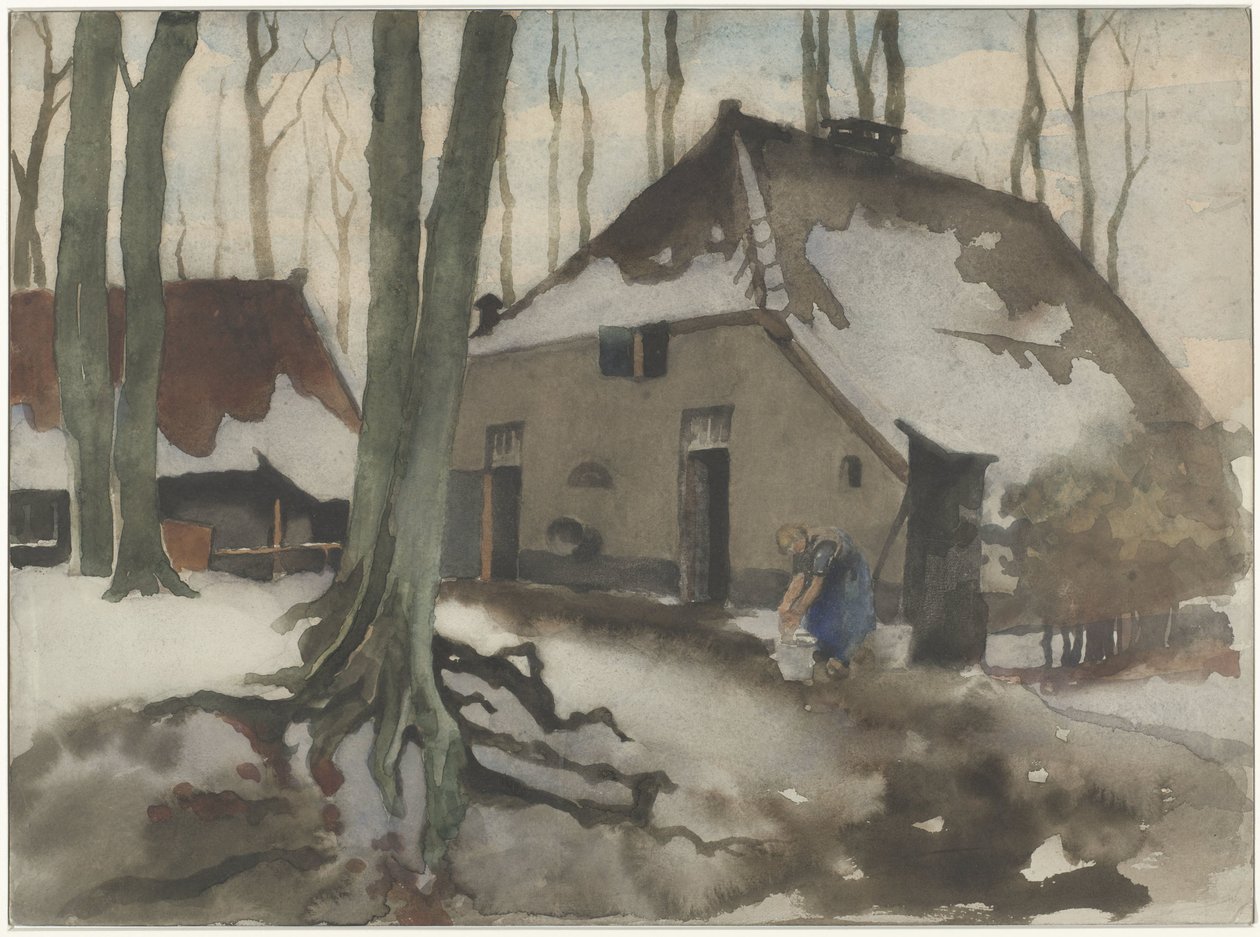 Kvinne foran et hus i en snødekt skog av Willem Arnoldus Witsen