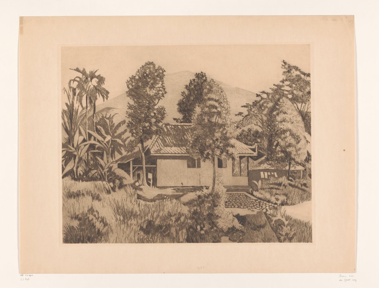 Hjemme i Bogor med et fjell i bakgrunnen Hus med vulkanen Salak(?) i bakgrunnen, Buitenzorg (originaltittel) av Willem Arnoldus Witsen