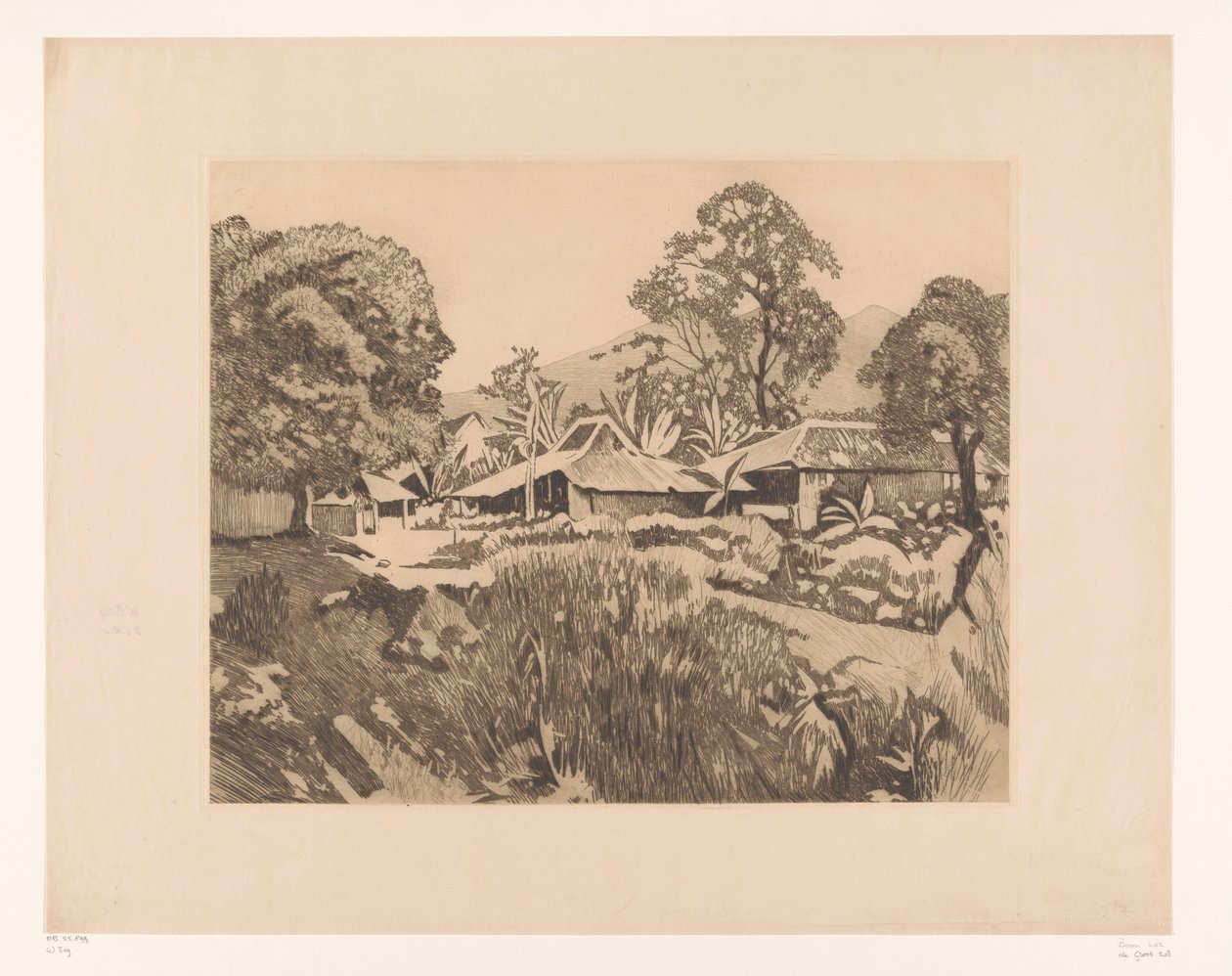 Hjem i Bogor før vulkanene Salak og Gede Hus i kampong med vulkanene Salak og Gedeh i bakgrunnen, Buitenzorg (originaltittel) av Willem Arnoldus Witsen
