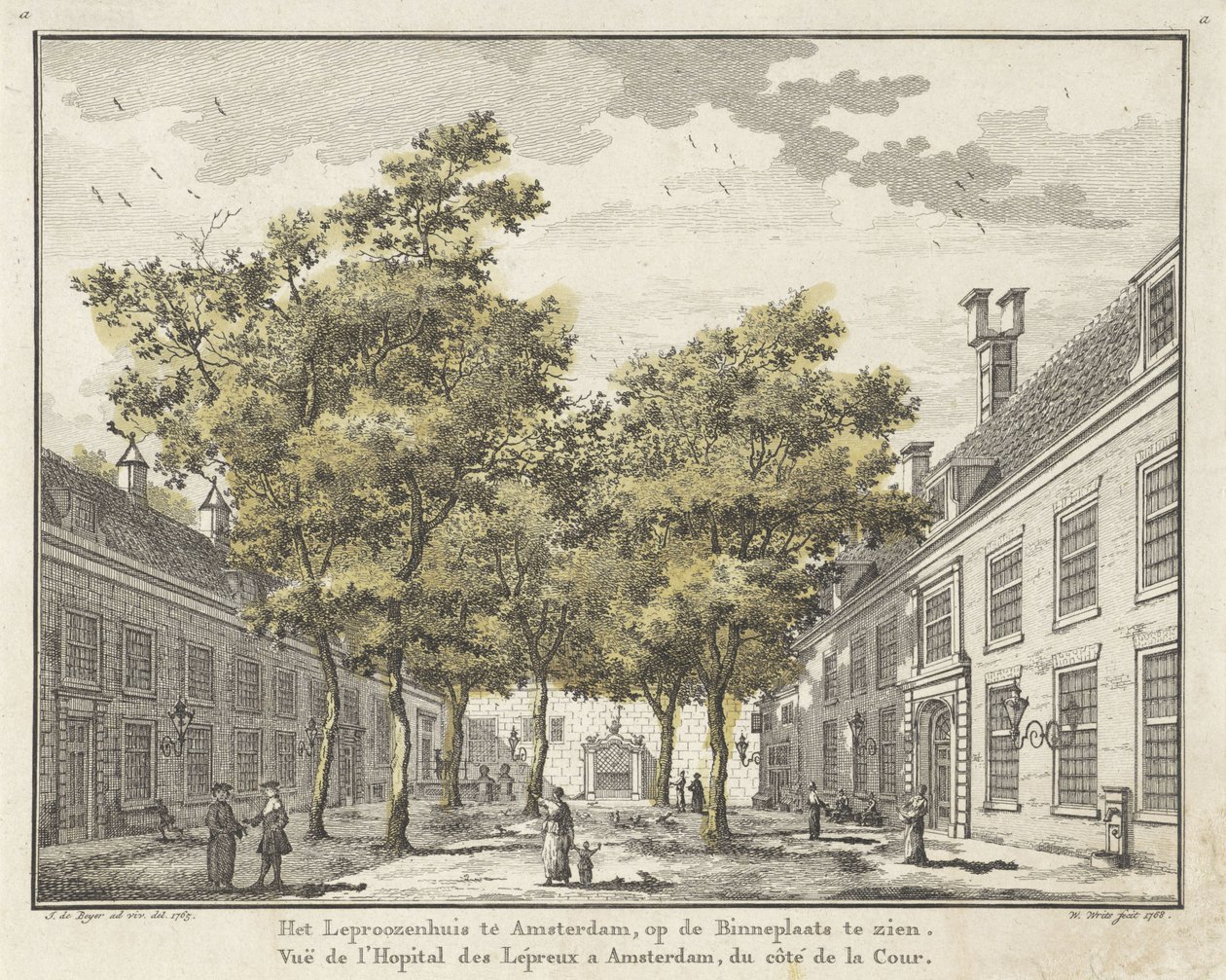 Utsikt over gårdsplassen til Leprozenhuis i Amsterdam av Willem Writs