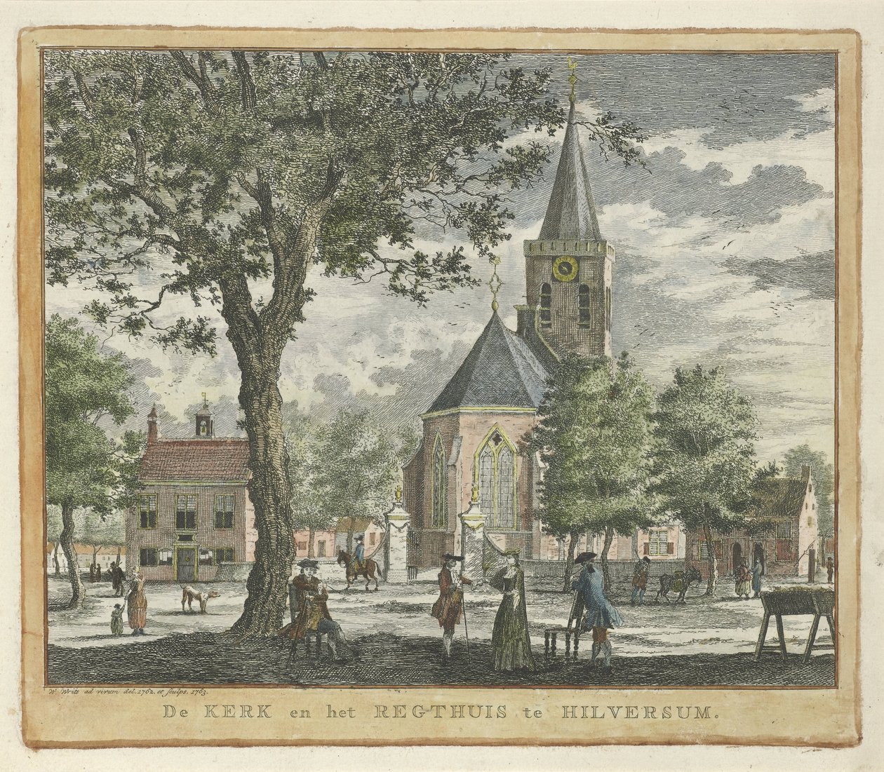 Kirke og tinghus i Hilversum i 1762 (før brannen 1766) Kirken og Regthuis i Hilversum (tittel på objekt) av Willem Writs