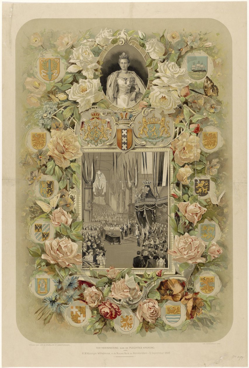 Til minne om den høytidelige kroningen av HM Dronning Wilhelmina, i Nieuwe Kerk i Amsterdam - 6. september 1898 (tittel på objekt) av Willem Zwart