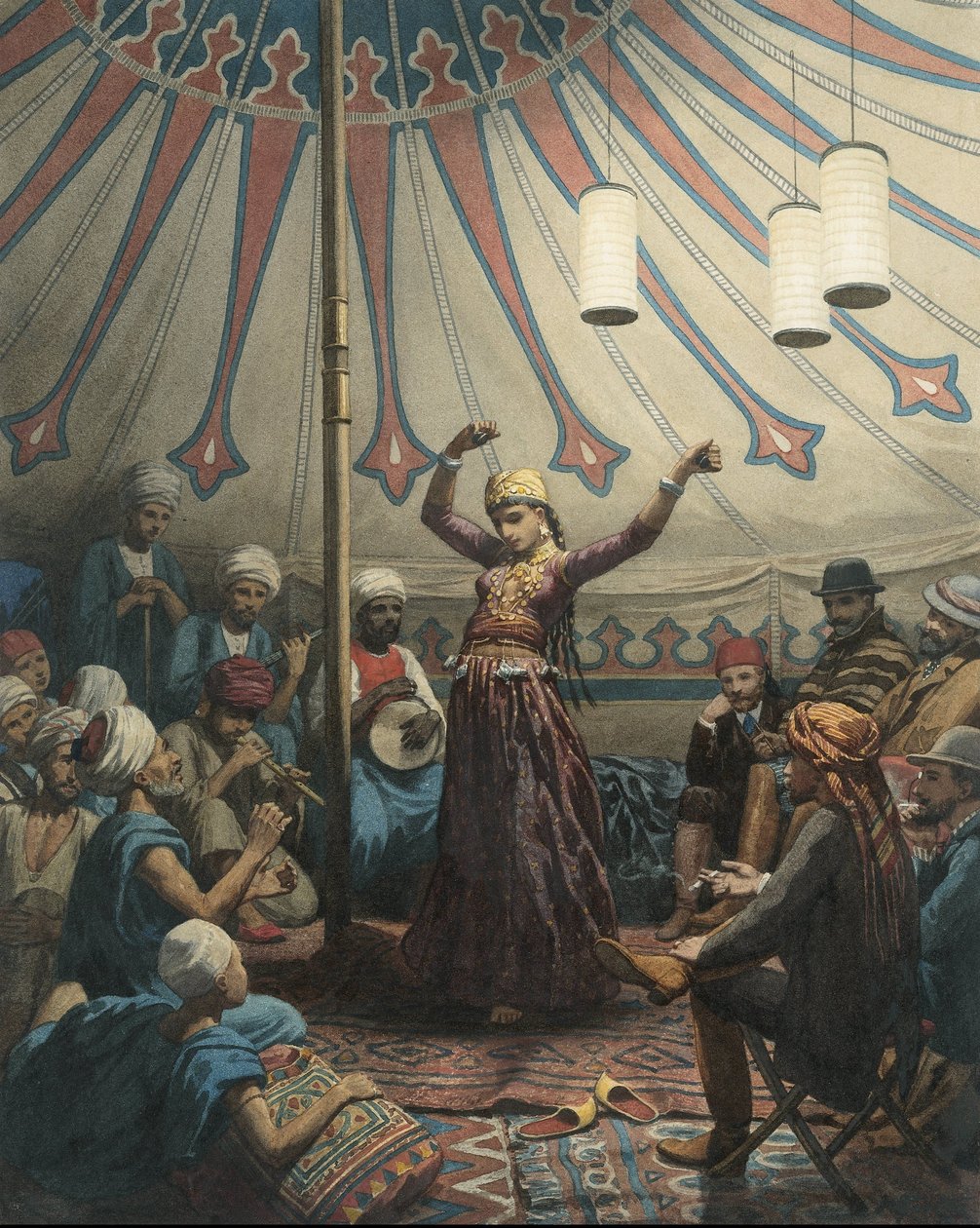Egyptisk danser i telt, med musikere og tilskuere av Willem de Famars Testas