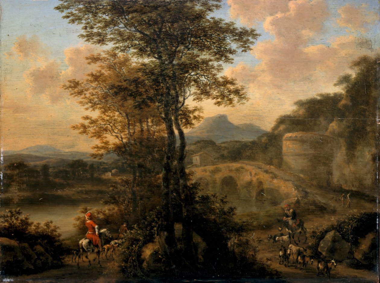 Italiensk elvelandskap med steinbro, 1650 av Willem de Heusch