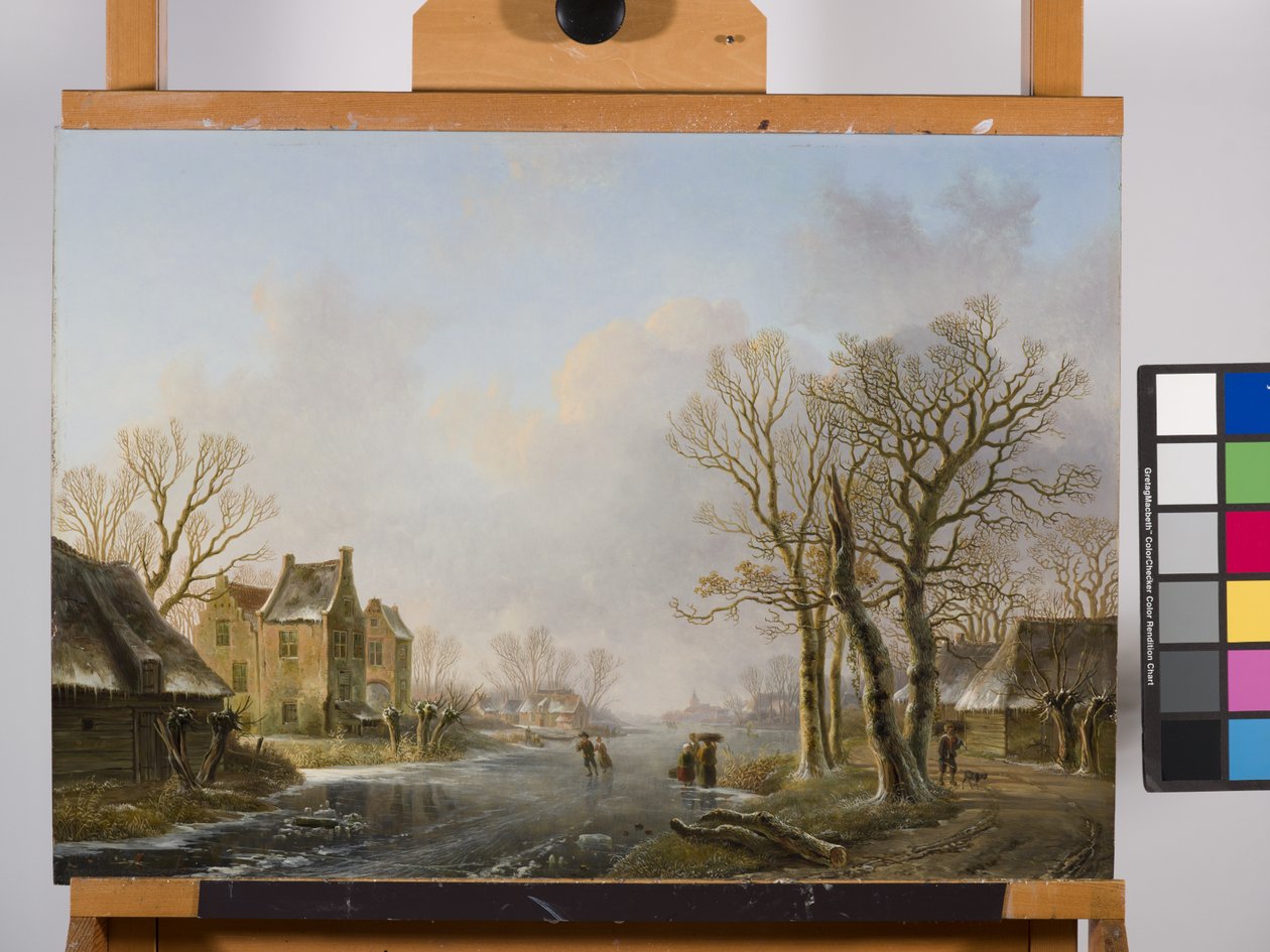 Skatere på en frossen elv, Dordrecht av Willem de Klerk