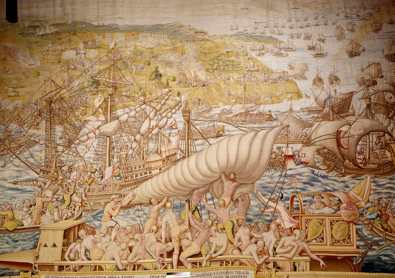 Erobringen av Tunis av keiser Charles V: Golettes sete i 1535. Detalj av et billedvev av Willem de Pannemaker (aktiv rundt 1535-1554) 1554 Alcazar de Seville av Willem de Pannemaker