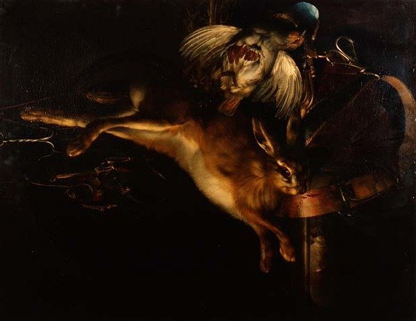 Still Life of a Hare, en rapphøne og jaktutstyr som henger over en marmorhylle av Willem van Aelst