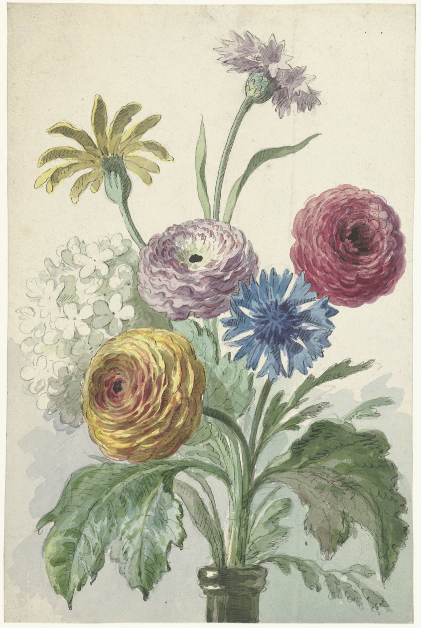 Bukett med blomster i halsen på en grønn vase av Willem van Leen