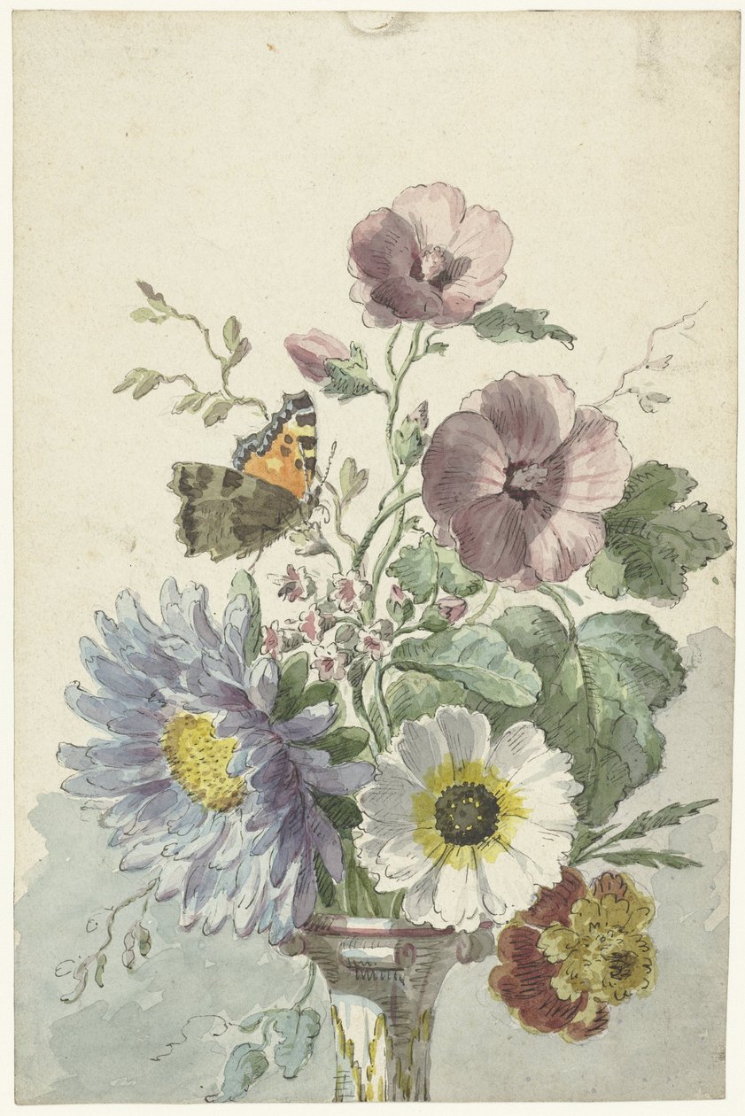 Bukett blomster med en sommerfugl av Willem van Leen