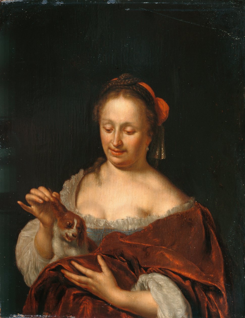 En dame sitter og holder en liten hund (olje på panel) av Willem Van Mieris