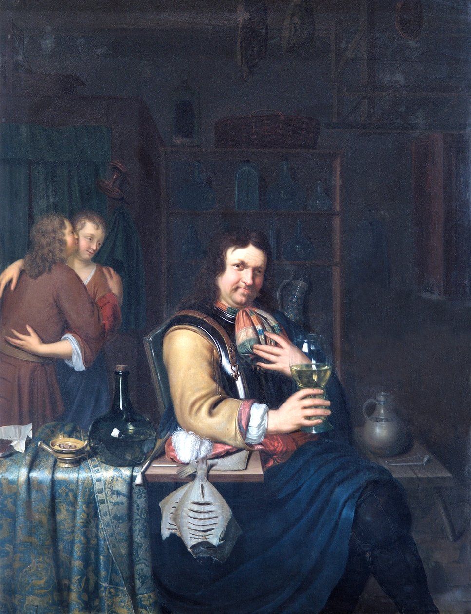 Interiør med en Cavalier Drinking and a Couple Embracing, ca. 1690-1700 (olje på eikepanel) av Willem Van Mieris