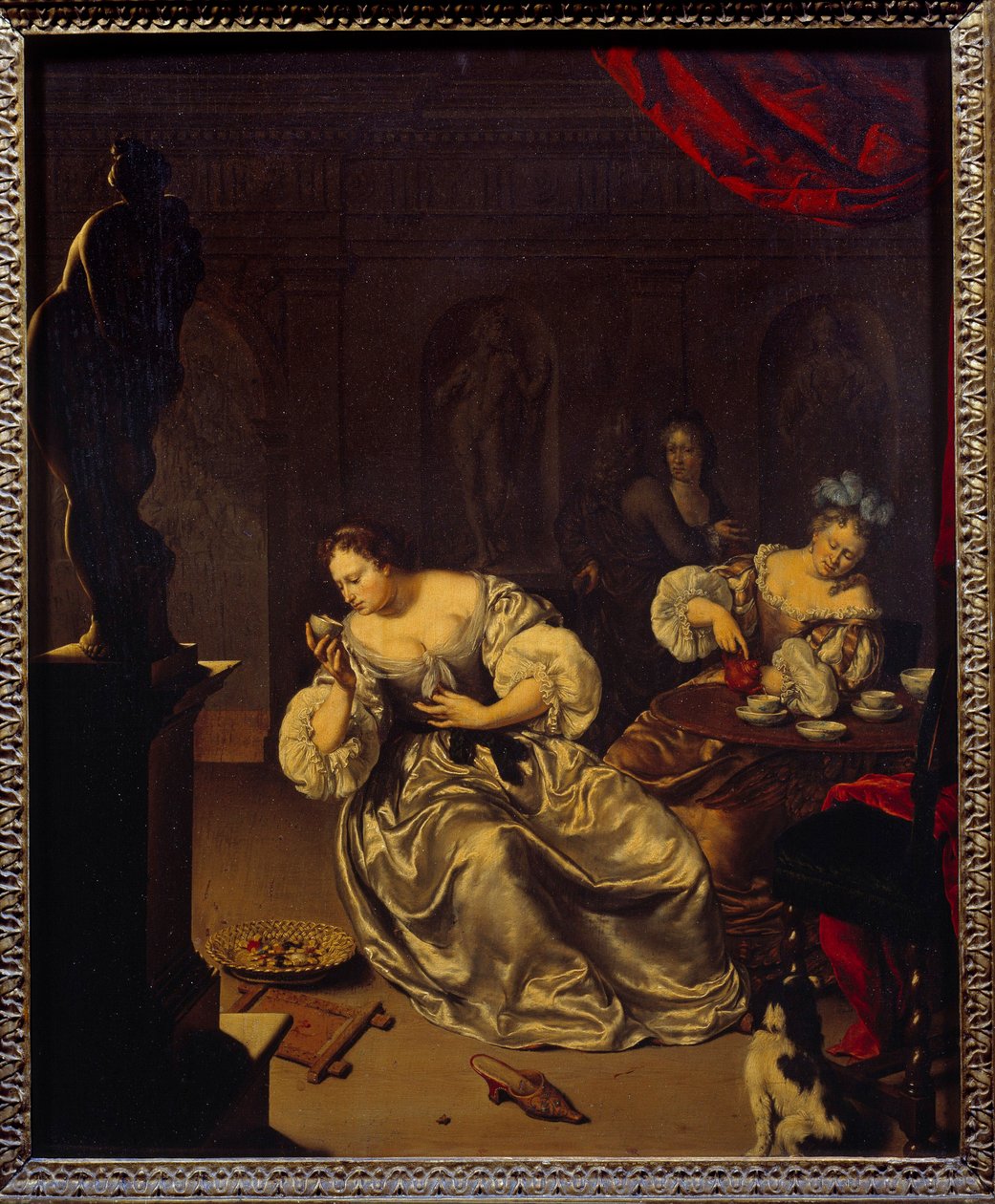 Kvinnene fra den nederlandske adelen tar teen. Maleri av Willem van Mieris (1662-1747) (ec.holl.) 1700-tallet søn. 0,42x0,34 m av Willem Van Mieris