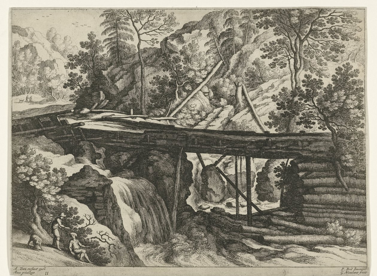 Fjelllandskap med treakvedukt Italienske landskap (serietittel) av Willem van Nieulandt (II)