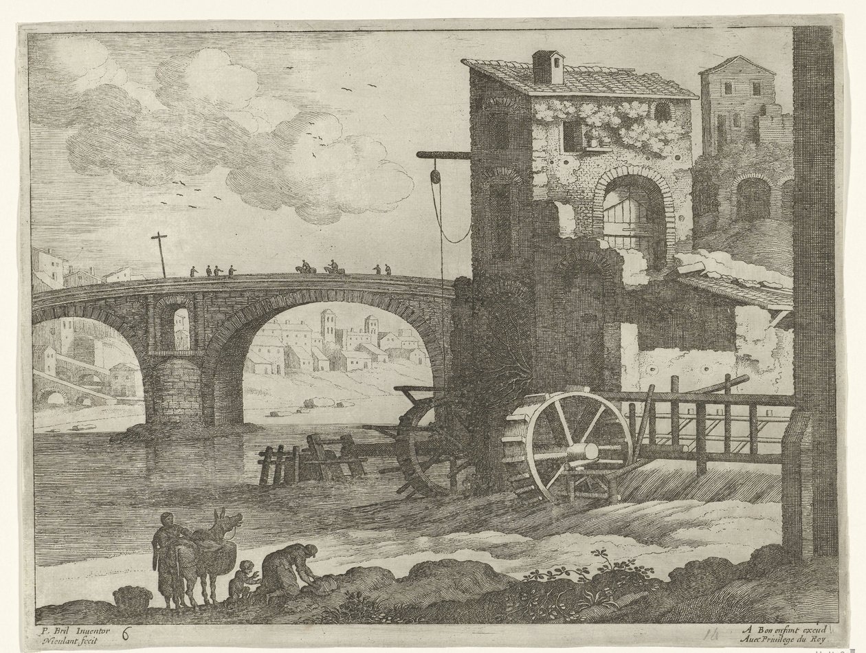 Bro og vannmølle italienske landskap (serietittel) av Willem van Nieulandt (II)