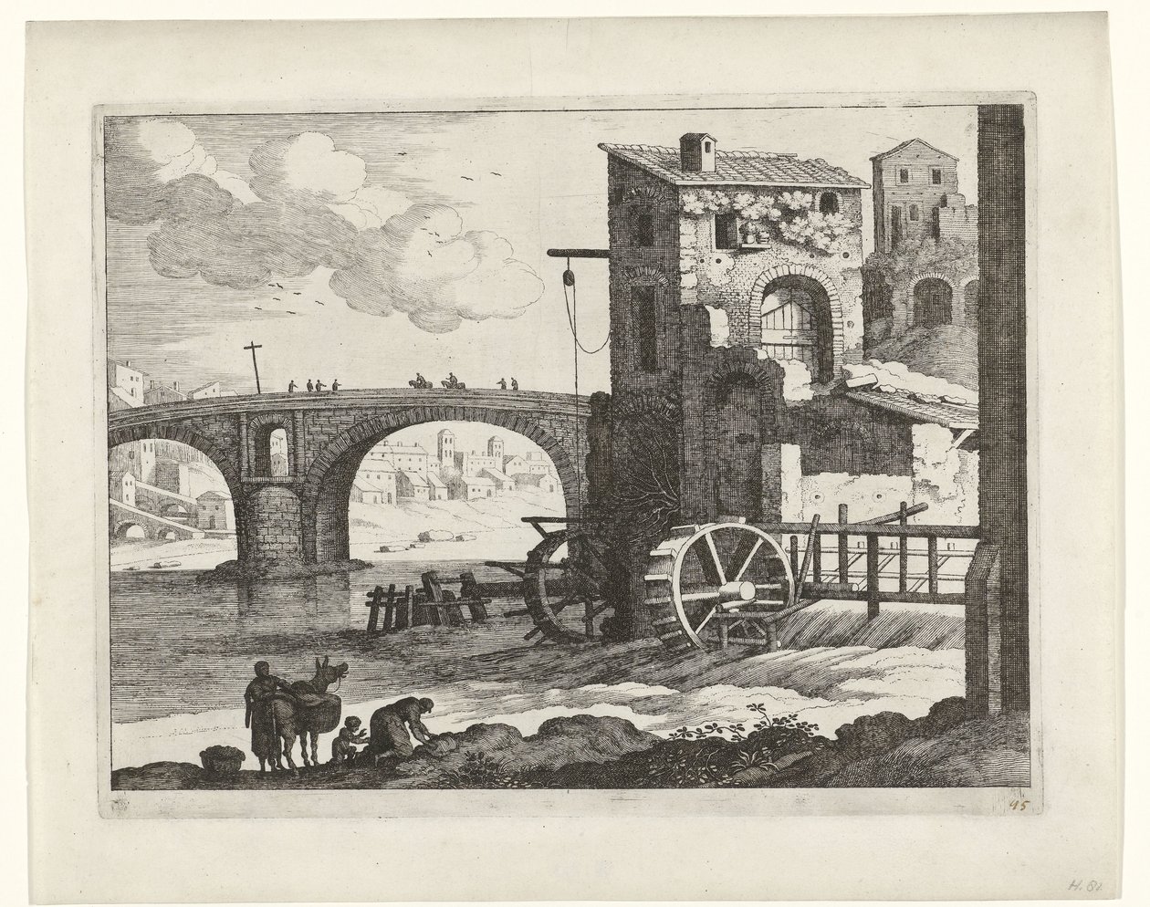 Bro og vannmølle Italienske landskap (serietittel) av Willem van Nieulandt (II)