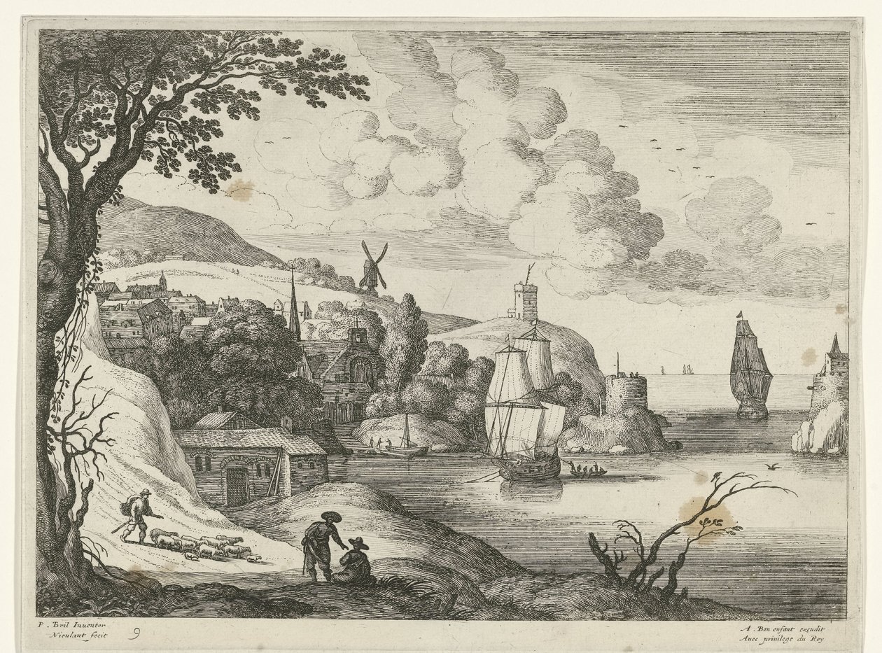 Landsby ved en bukt Italienske landskap (serietittel) av Willem van Nieulandt (II)