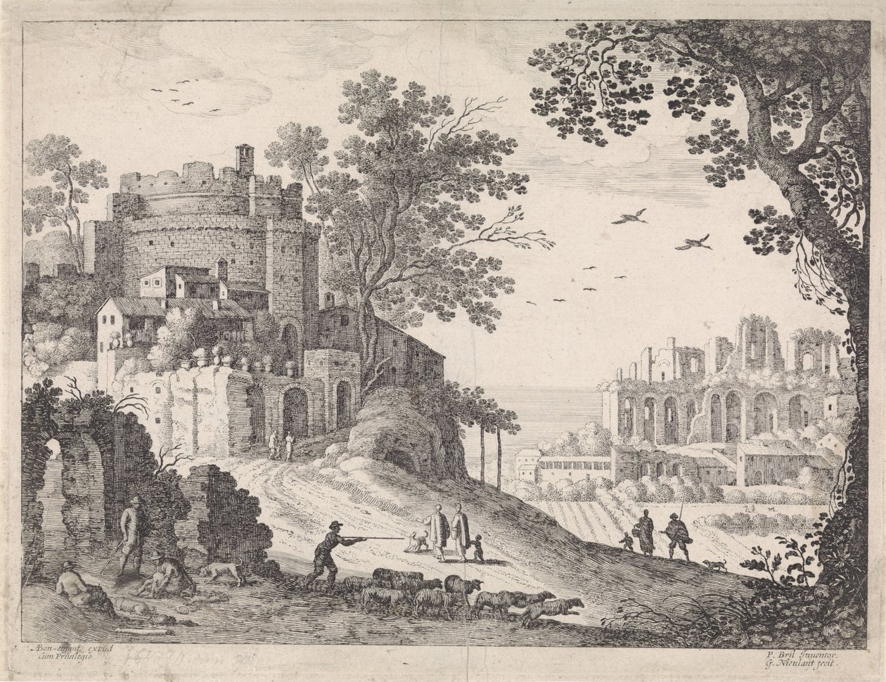 Bygninger langs en vei italienske landskap (serietittel) av Willem van Nieulandt (II)