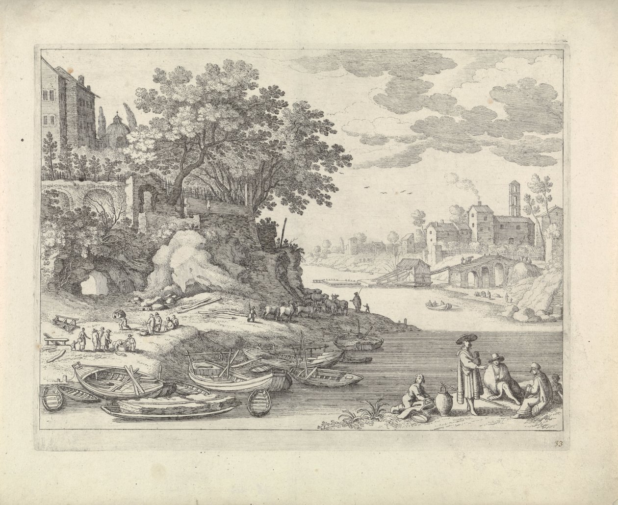 Havn med robåter, figurer og husdyr av Willem van Nieulandt (II)