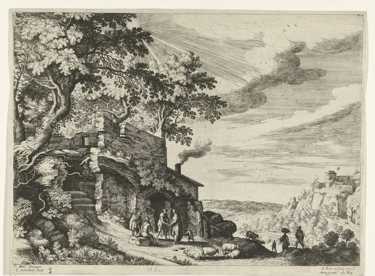 Hyrder ved en ruin Italienske landskap (serietittel) av Willem van Nieulandt (II)