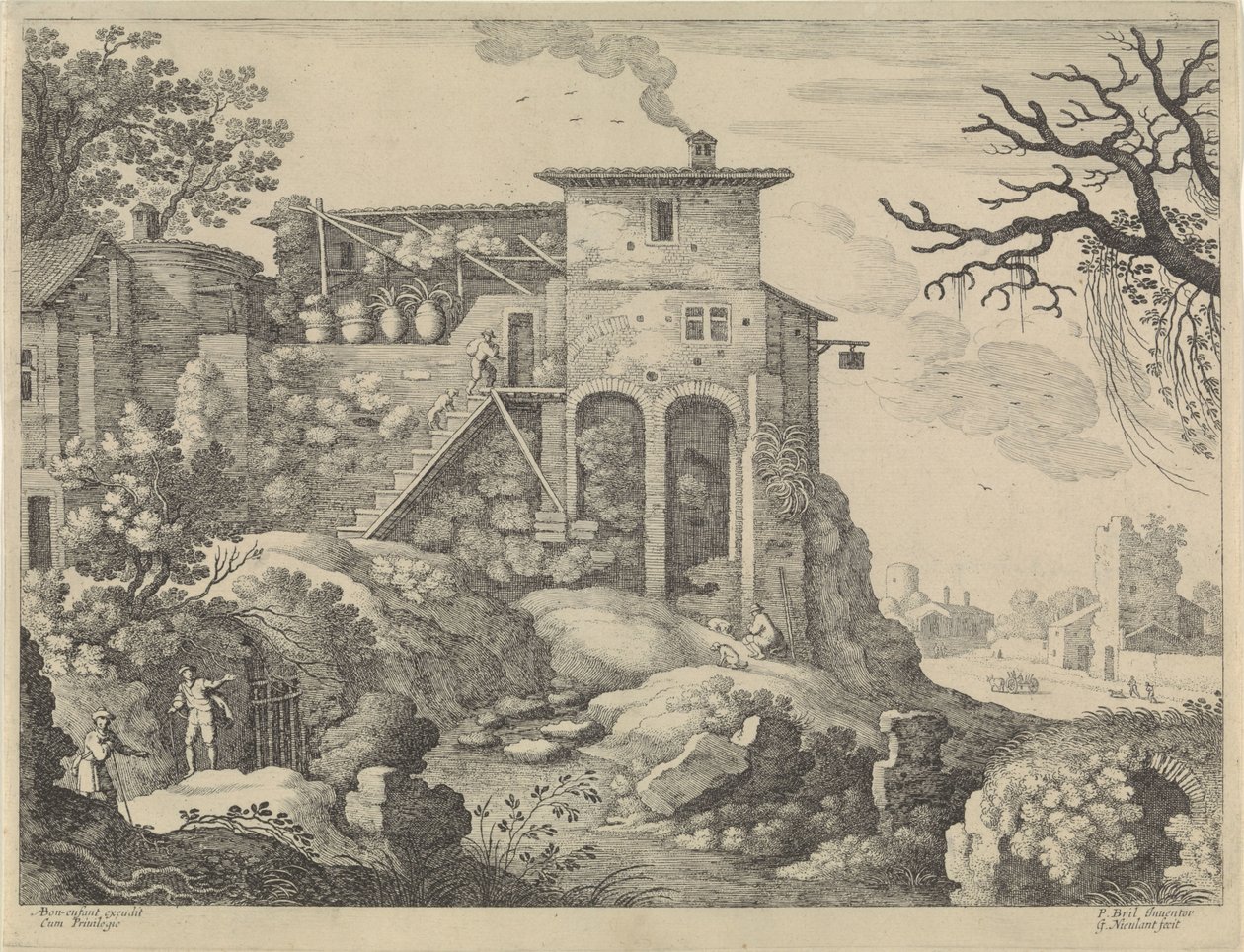 Italiensk landskap med vertshus av Willem van Nieulandt (II)
