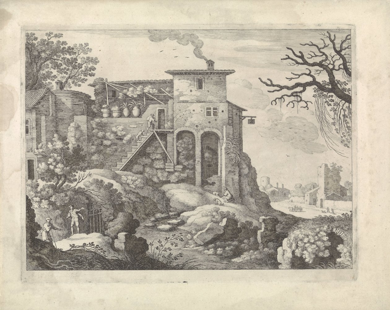 Italiensk landskap med vertshus av Willem van Nieulandt (II)