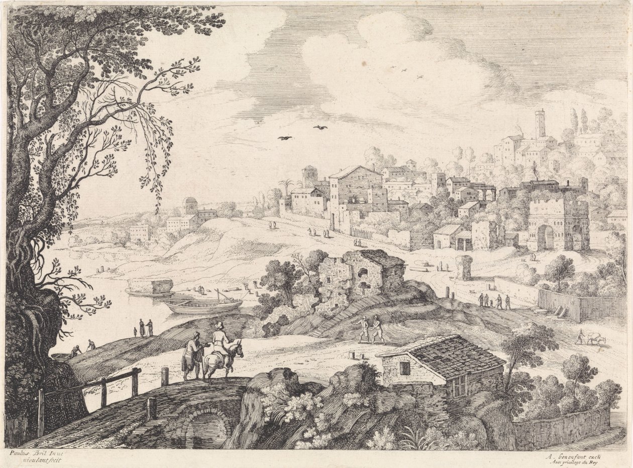 Italiensk landskap med en by Italienske landskap (serietittel) av Willem van Nieulandt (II)