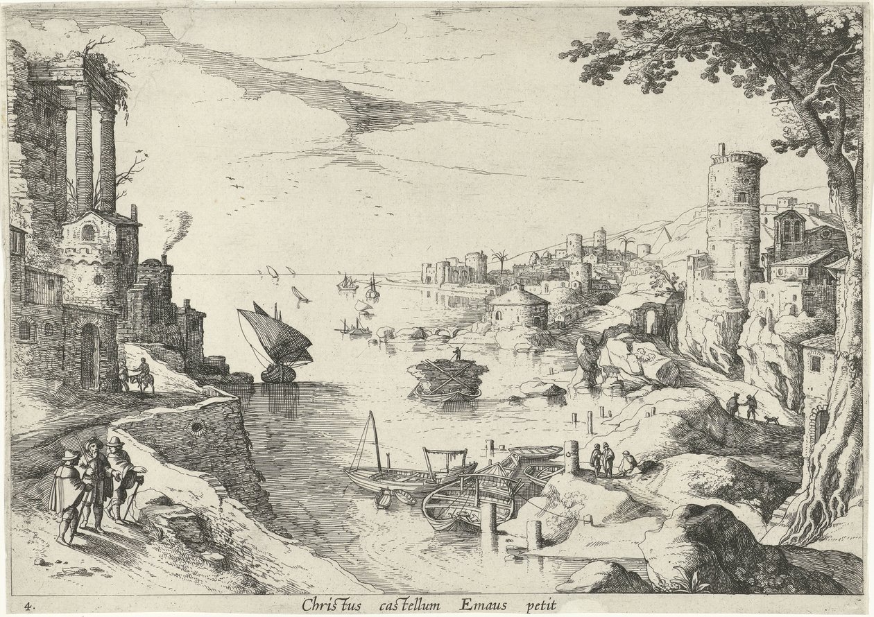 Landskap med nattverden på Emmaus Christus castellum Emaus petit (tittel på objekt) Italienske landskap med bibelske scener (serietittel) av Willem van Nieulandt (II)