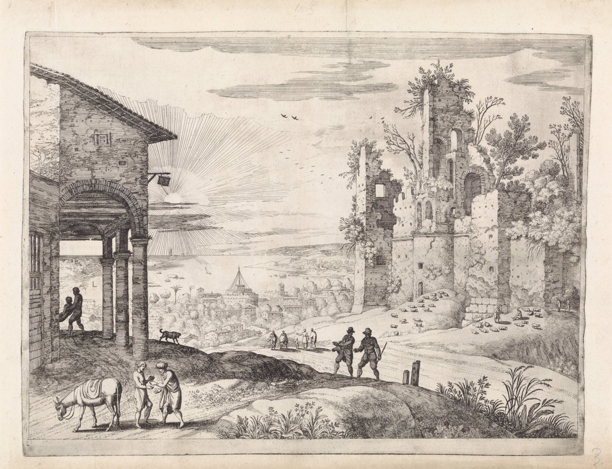 Landskap med den barmhjertige samaritan på vertshuset Italienske landskap (serietittel) av Willem van Nieulandt (II)