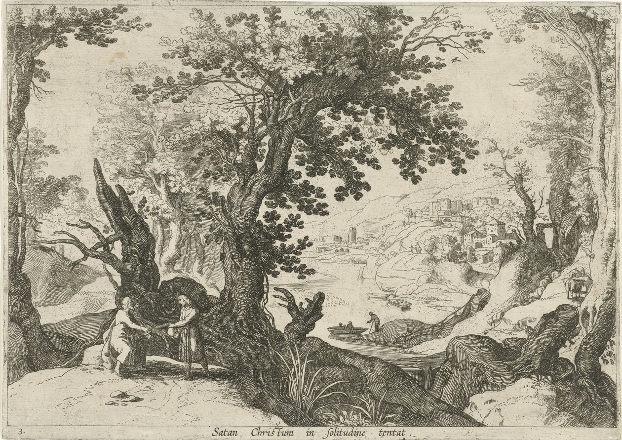 Landskap med Kristi fristelse Satan Christum in solitudine tentat (tittel på objekt) Italienske landskap med bibelske scener (serietittel) av Willem van Nieulandt (II)