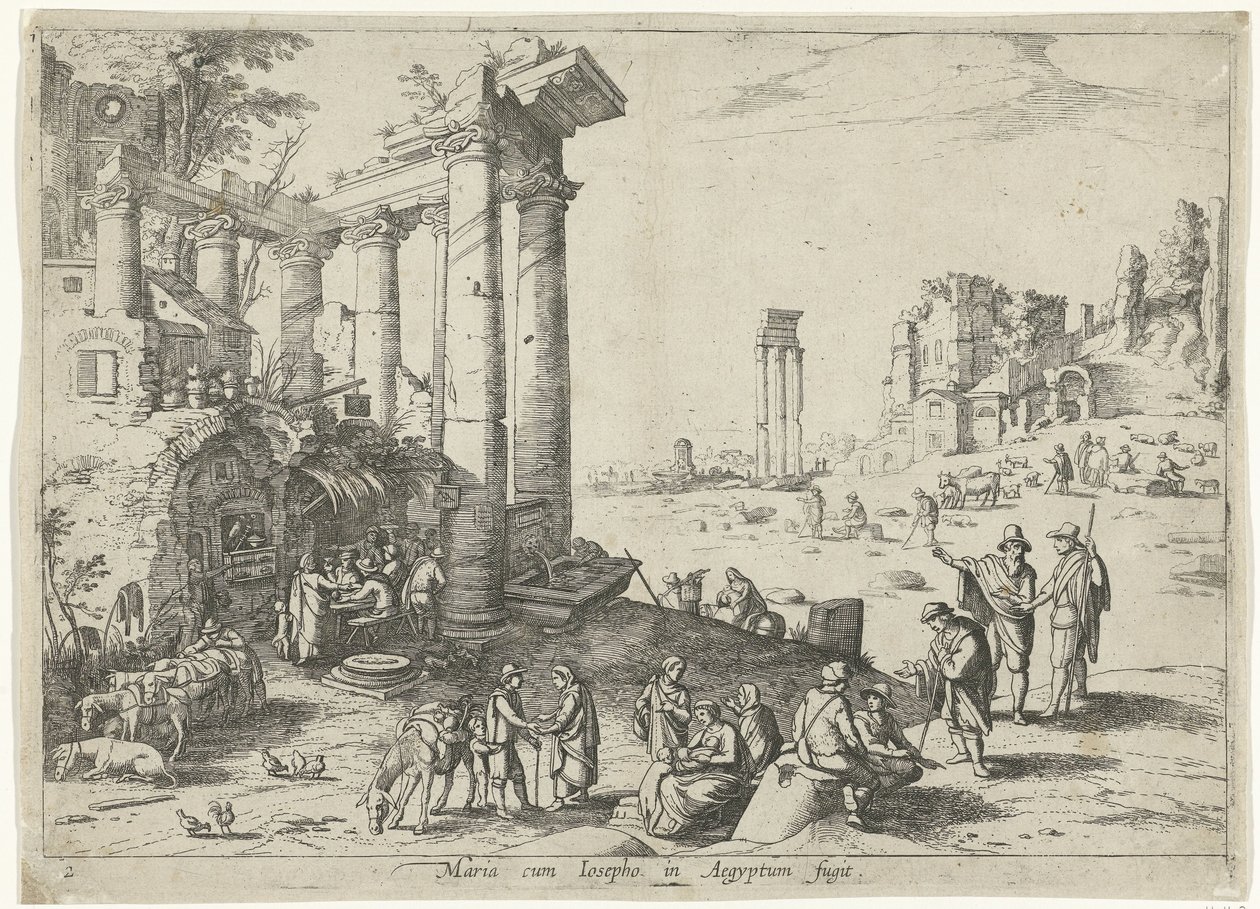 Landskap med flukten til Egypt Maria cum Iosepho i Aegyptum fugit (tittel på objekt) Italienske landskap med bibelske scener (serietittel) av Willem van Nieulandt (II)