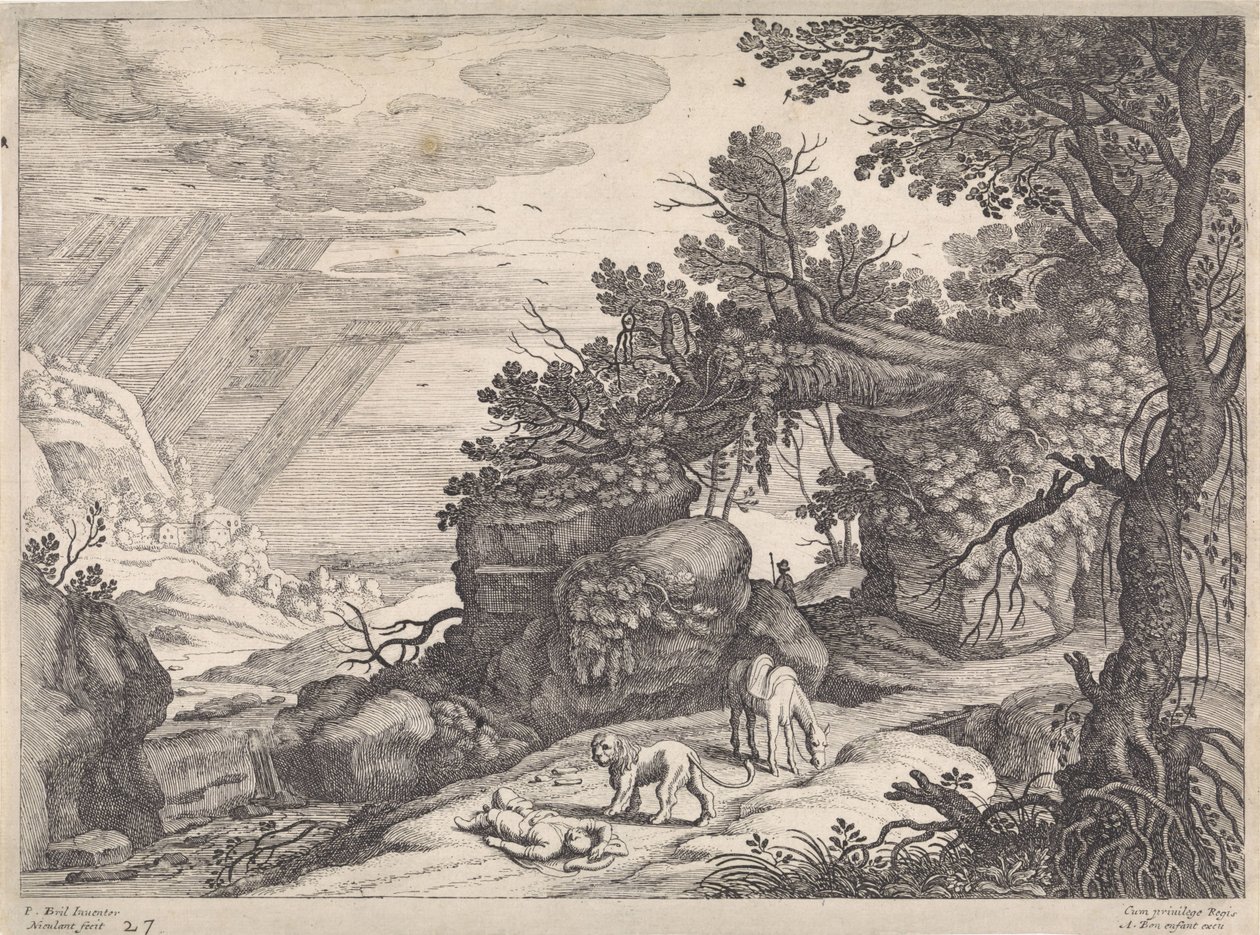 Landskap med en død Guds mann, løve og esel Italienske landskap (serietittel) av Willem van Nieulandt (II)