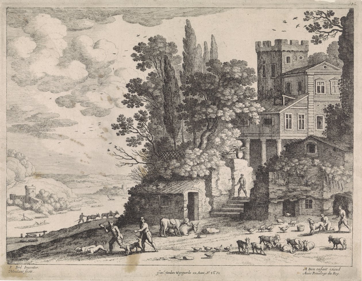 Landskap med hus, figurer og storfe av Willem van Nieulandt (II)
