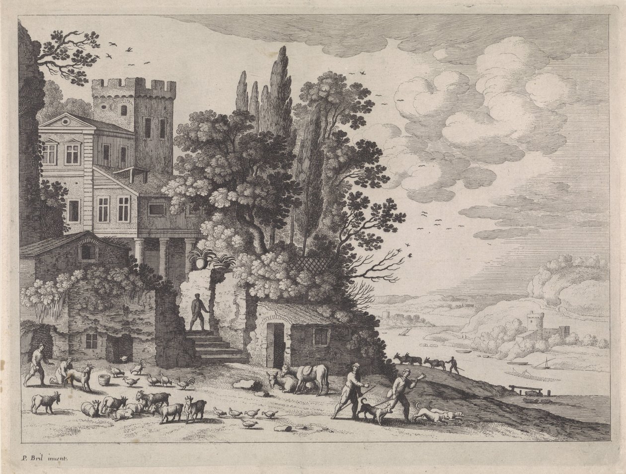 Landskap med hus, figurer og storfe av Willem van Nieulandt (II)