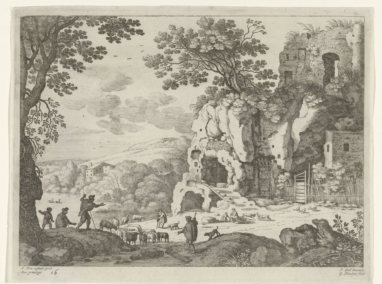Landskap med ruin Italienske landskap (serietittel) av Willem van Nieulandt (II)