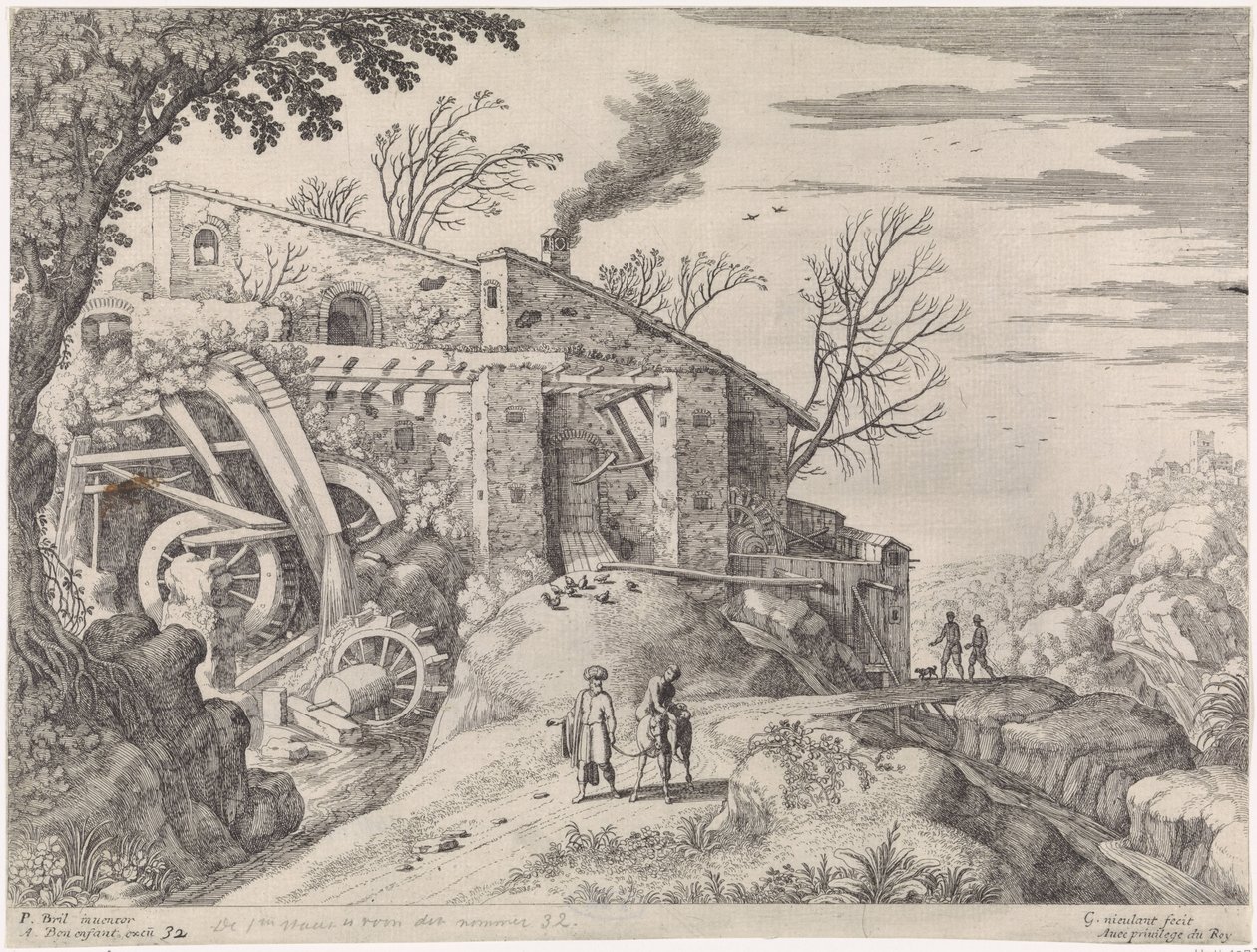 Landskap med en vannmølle og den barmhjertige samaritan Italienske landskap (serietittel) av Willem van Nieulandt (II)