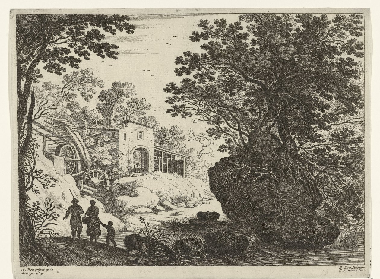 Par og barn ved vannmølle Italienske landskap (serietittel) av Willem van Nieulandt (II)