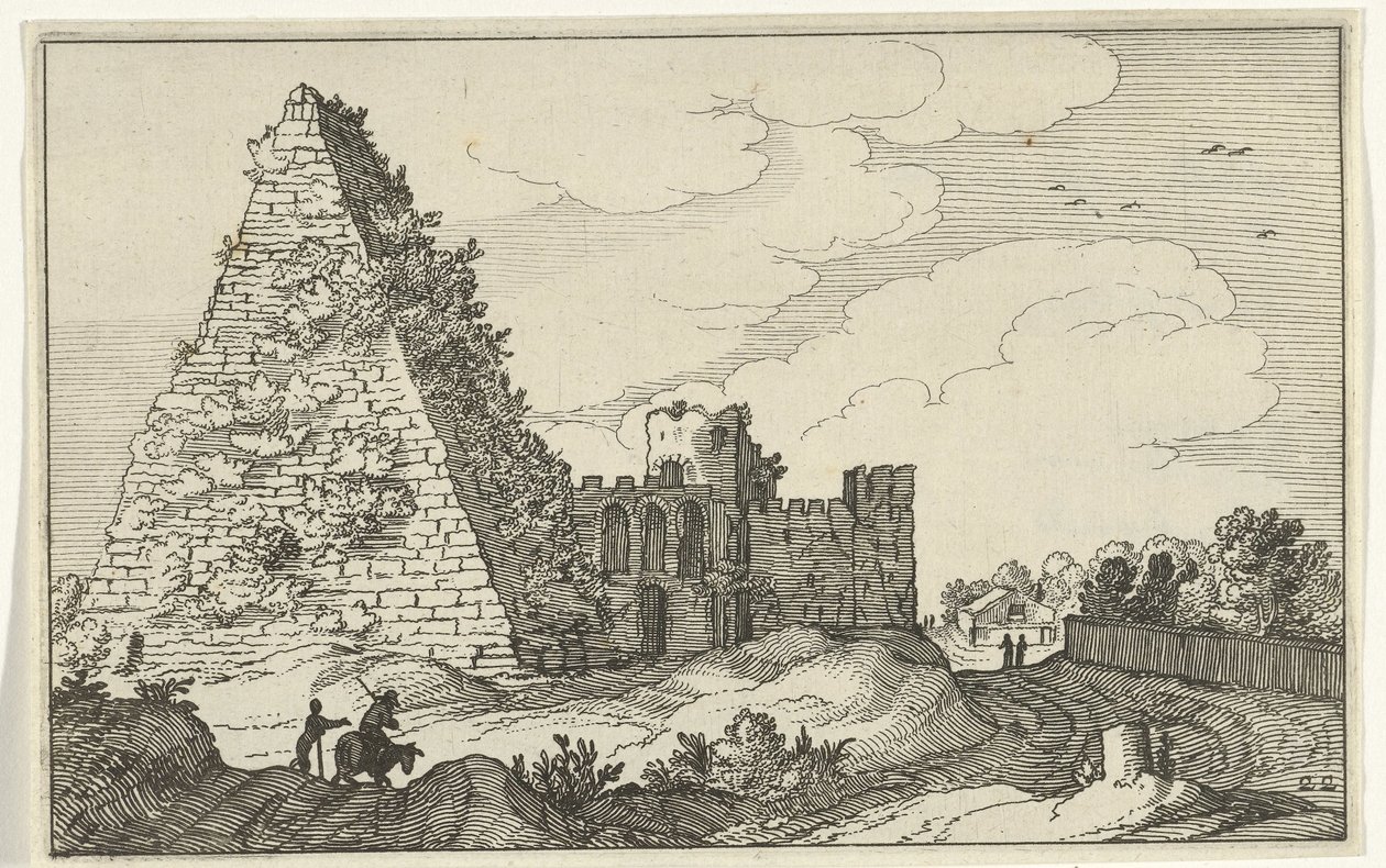 Pyramiden til Gaius Cestius Romerske ruiner og kystlandskap (serie 1) (serietittel) av Willem van Nieulandt (II)