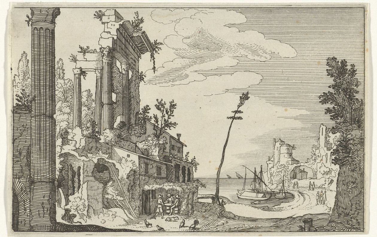 Romerske ruiner ved sjøen Romerske ruiner og kystlandskap (serie 1) (serietittel) av Willem van Nieulandt (II)