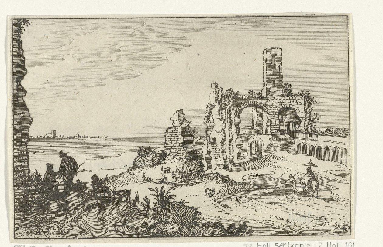 Ruin med buer og et tårn på vannet Romerske ruiner og kystlandskap (serie 1) (serietittel) av Willem van Nieulandt (II)