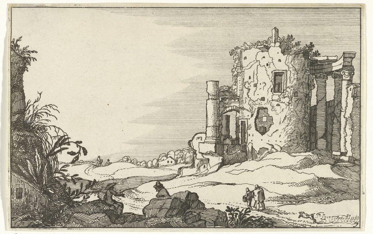 Ruinene av et tempel omgitt av søyler Romerske ruiner og kystlandskap (serie 1) (serietittel) av Willem van Nieulandt (II)