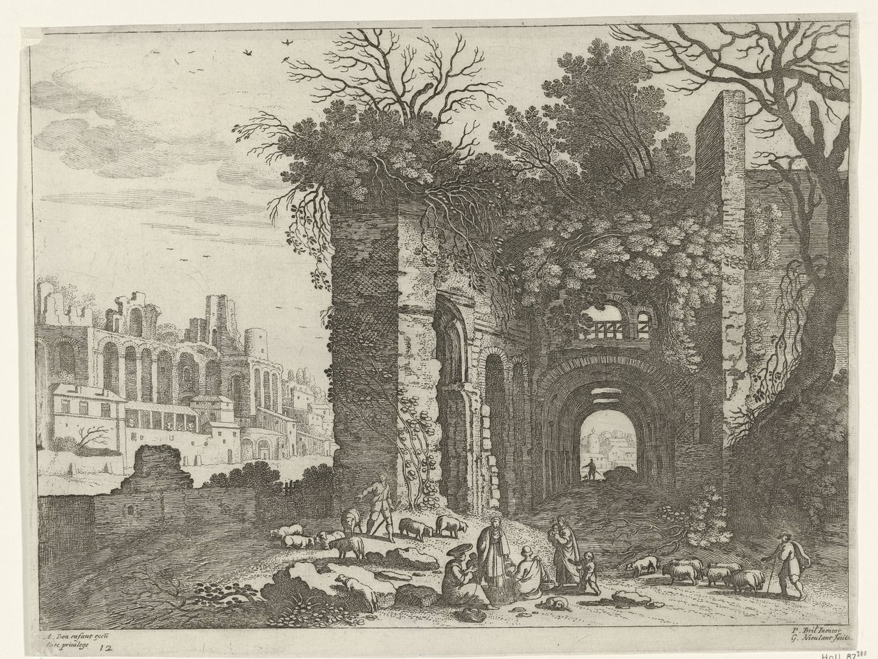 Hvilende familie foran en ruin av italiensk landskap (serietittel) av Willem van Nieulandt (II)