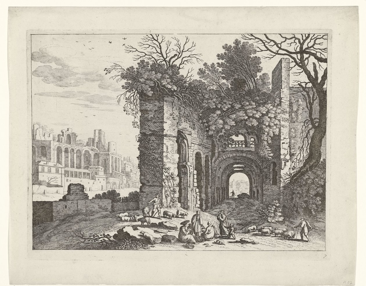 Hvilende familie foran en ruin Italienske landskap (serietittel) av Willem van Nieulandt (II)