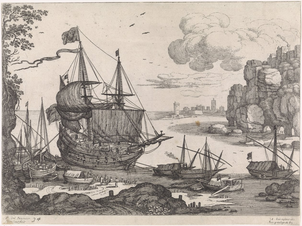 Skip i en havn italienske landskap (serietittel) av Willem van Nieulandt (II)